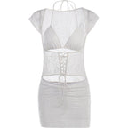 Lace halter cap sleeve ruched corset lace up solid mini skirt set