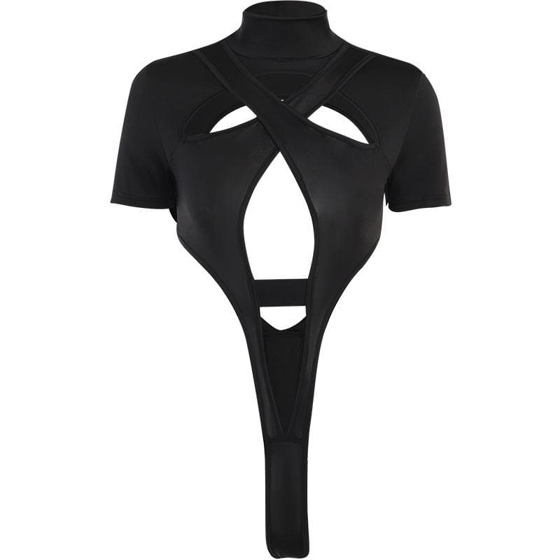 Body a collo alto con maniche corte e incrocio frontale traforato 