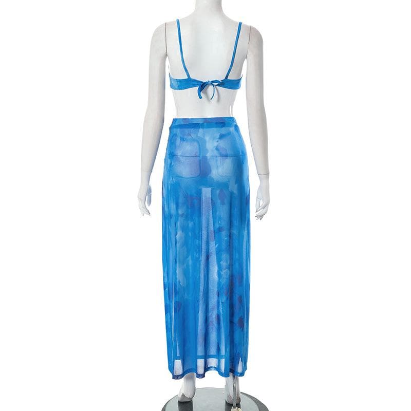Backless mesh slit self tie tie dye maxi skirt set