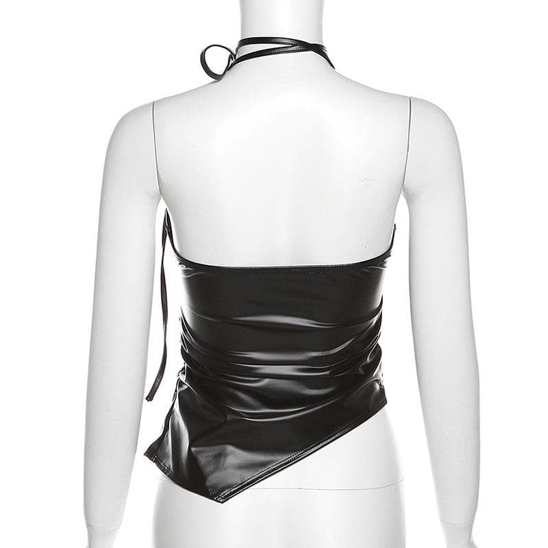 Self tie halter backless irregular PU leather square neck top