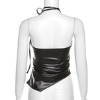 Self tie halter backless irregular PU leather square neck top