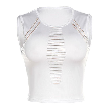 Hollow out solid sleeveless round neck crop top