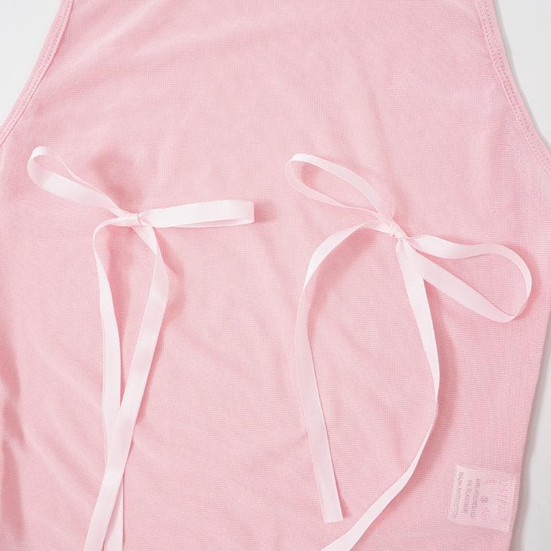 Sheer mesh see through bowknot sleeveless crewneck top