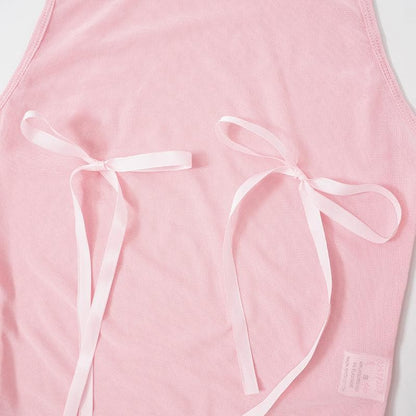 Sheer mesh see through bowknot sleeveless crewneck top