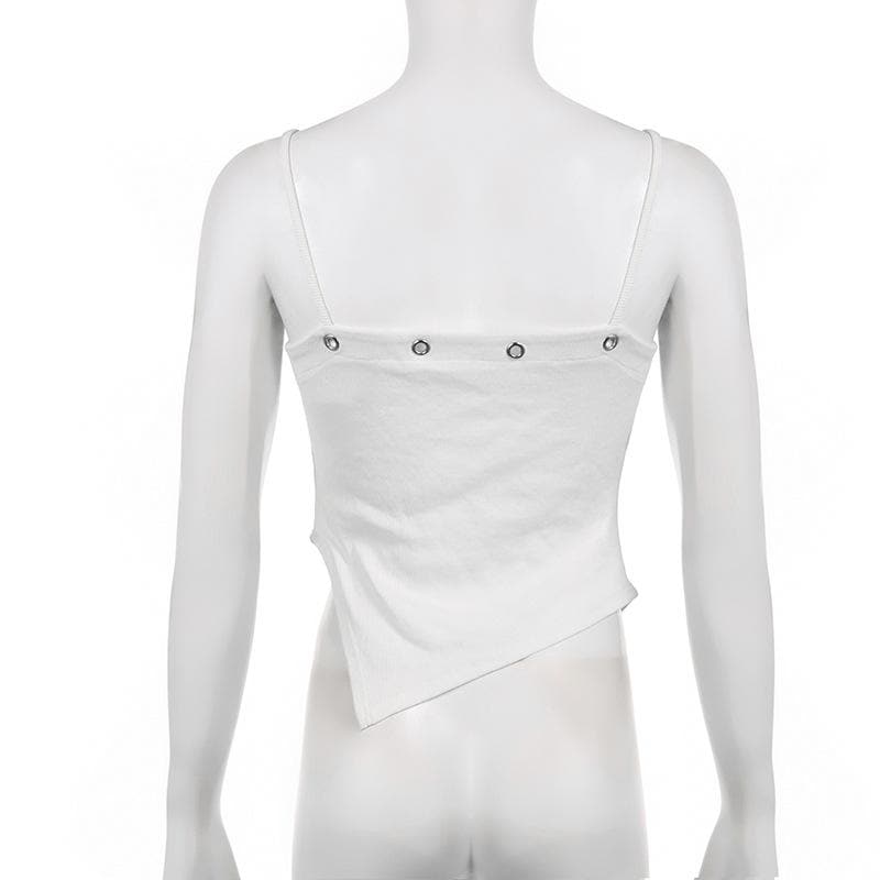 Irregular v neck drawstring ribbed butterfly pattern cami top