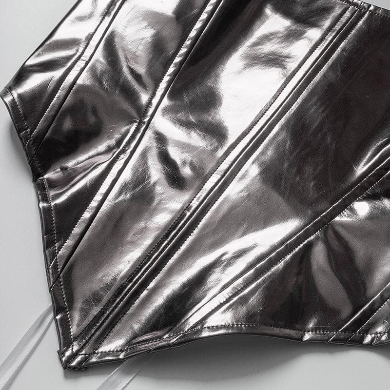 Corsetto in pelle PU con scollatura a U, top a tubino senza schienale e lacci 