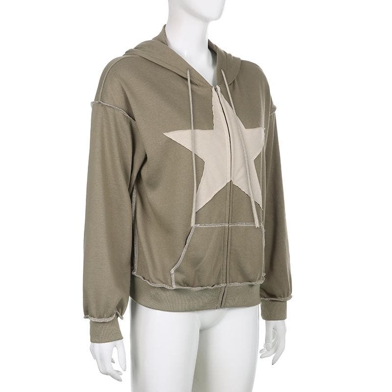 Stitch star patchwork drawstring pocket zip-up hoodie coat - Final Sale