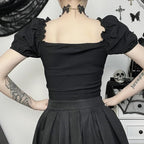 Puff sleeve contrast v neck lace patchwork lace up crop top