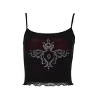 Beaded abstract u neck mesh ruffle cami crop top