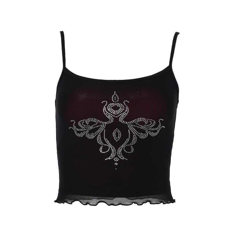 Beaded abstract u neck mesh ruffle cami crop top