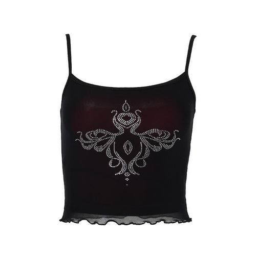 Beaded abstract u neck mesh ruffle cami crop top