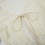 Lace solid long sleeve self tie see through top