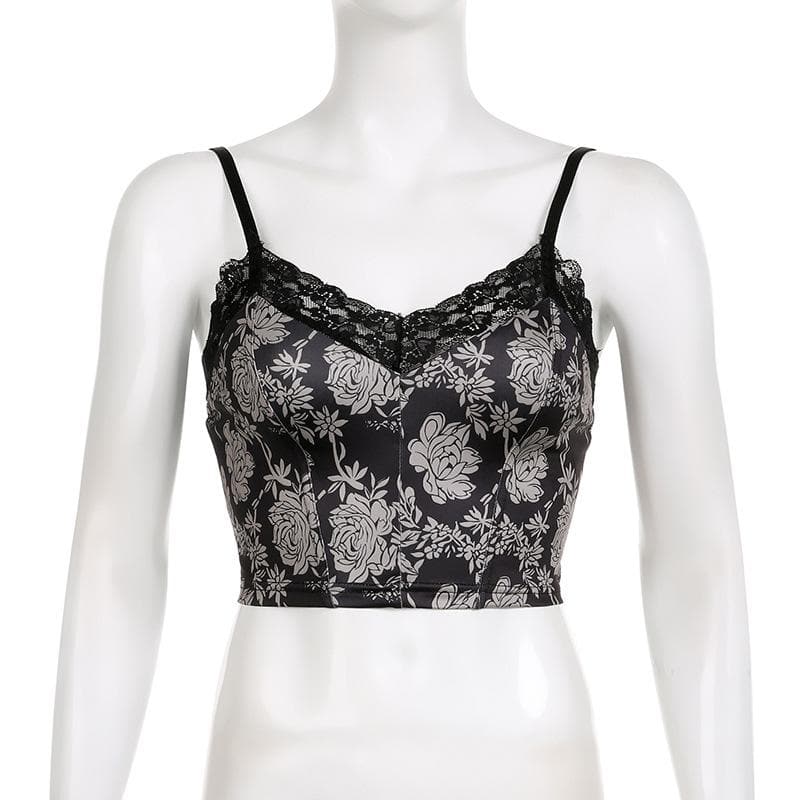 Top corto con scollo a V e schiena scoperta a contrasto in pizzo con stampa floreale 