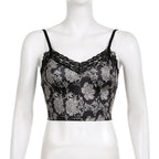 Top corto con scollo a V e schiena scoperta a contrasto in pizzo con stampa floreale 
