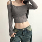 Long sleeve mesh self tie off shoulder solid crop top
