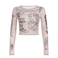 Top a maniche lunghe con volant a contrasto astratto 