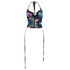 Mesh ruched contrast halter backless self tie drawstring top