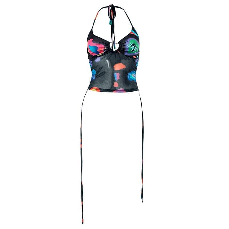 Mesh ruched contrast halter backless self tie drawstring top
