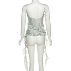 Ruffle v neck zip-up ribbon irregular backless cami crop top