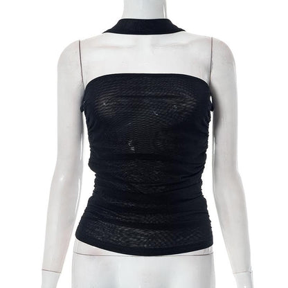 Sheer mesh see through cross front solid halter backless top