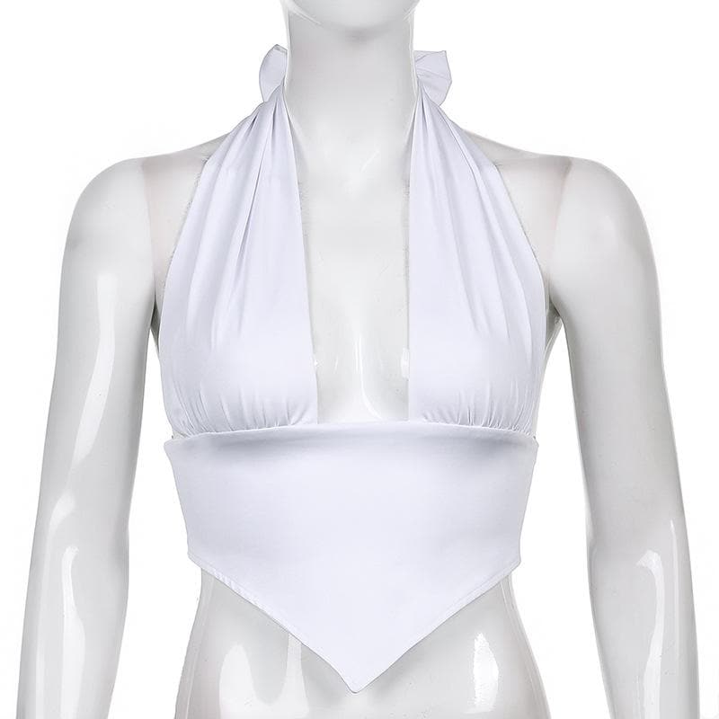 Halter backless solid ruched self tie top