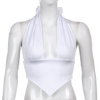 Halter backless solid ruched self tie top