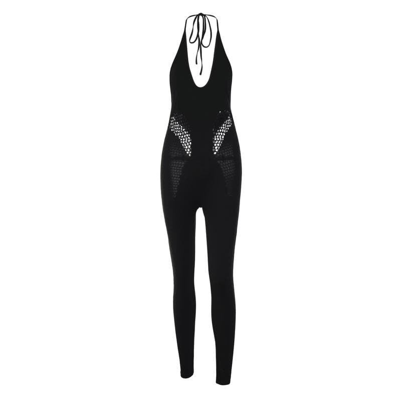 Ausgehöhlter, einfarbiger, rückenfreier Jumpsuit mit U-Ausschnitt zum Selbstbinden 