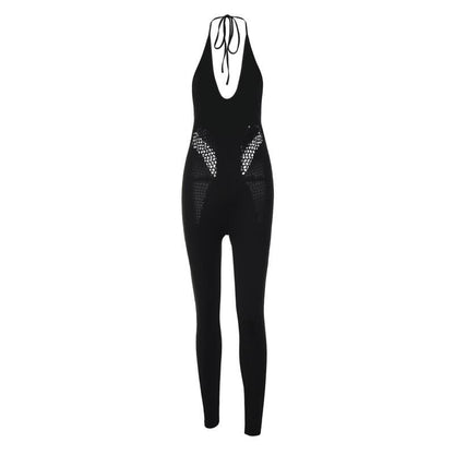 Hollow out solid u neck self tie backless jumpsuit