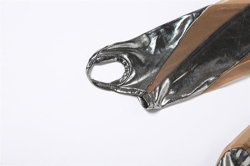 Metallic-Overall mit Reißverschluss und langen Ärmeln, Netz-Patchwork und hohem Kragen 