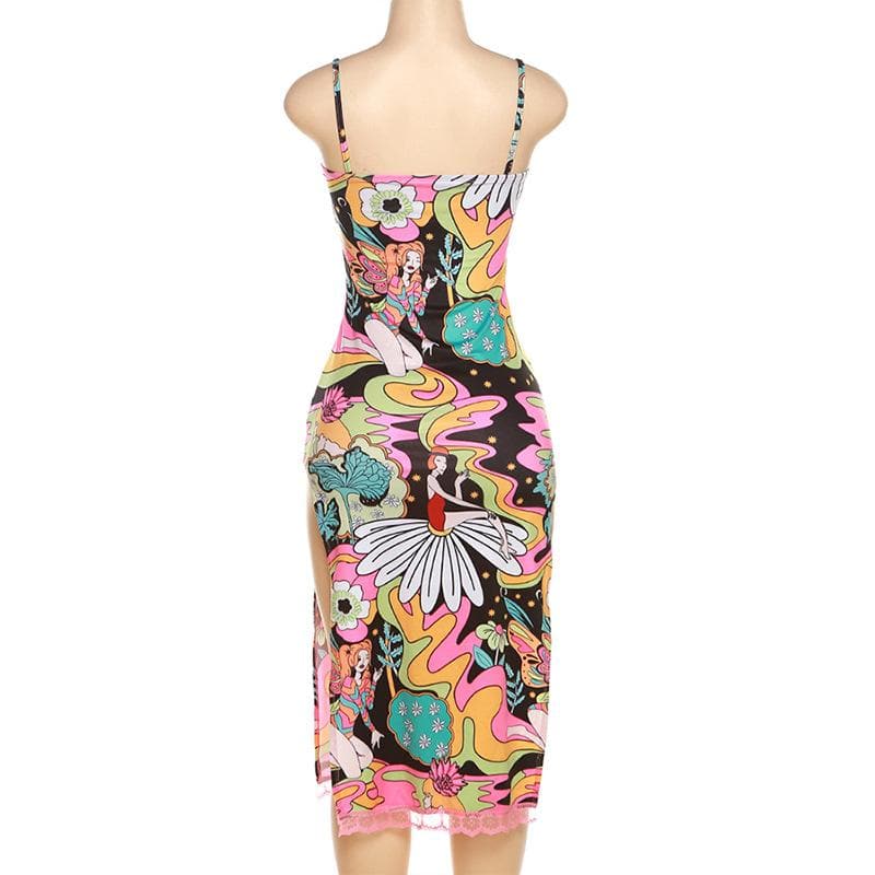 Abstract Print Contrast Lace Hem Slit Low Cut Backless Cami Midi Dress
