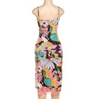 Abstract Print Contrast Lace Hem Slit Low Cut Backless Cami Midi Dress