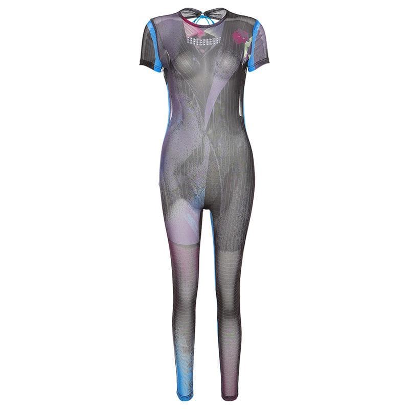 Transparenter, rückenfreier Jumpsuit aus transparentem Netzstoff mit kontrastierenden, kurzärmligen, selbst zu bindenden Ärmeln