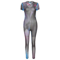 Transparenter, rückenfreier Jumpsuit aus transparentem Netzstoff mit kontrastierenden, kurzärmligen, selbst zu bindenden Ärmeln