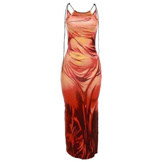 Maxikleid mit Spaghettiträgern und U-Ausschnitt und Schlitz im Kontrastmuster