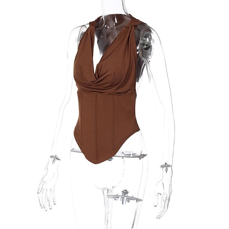 Felpa con cappuccio, corsetto senza maniche, schiena scoperta, collo a cappuccio, top solido 
