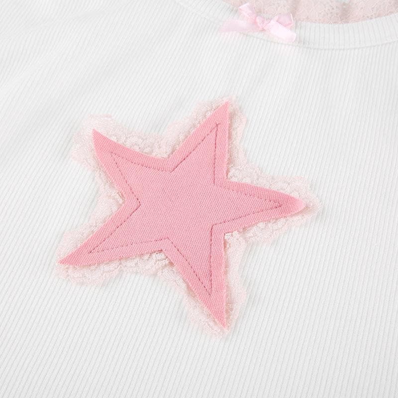 Top corto con canotta a coste e contrasto con orlo in pizzo patchwork a stelle