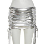 Ruched drawstring hollow out metallic self tie solid mini skirt - Final Sale