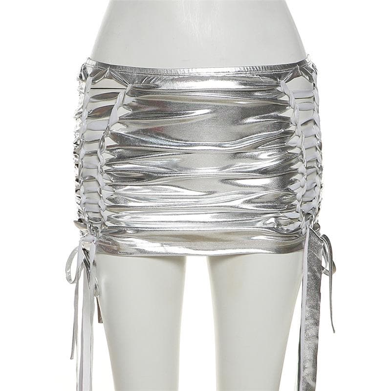 Ruched drawstring hollow out metallic self tie solid mini skirt - Final Sale