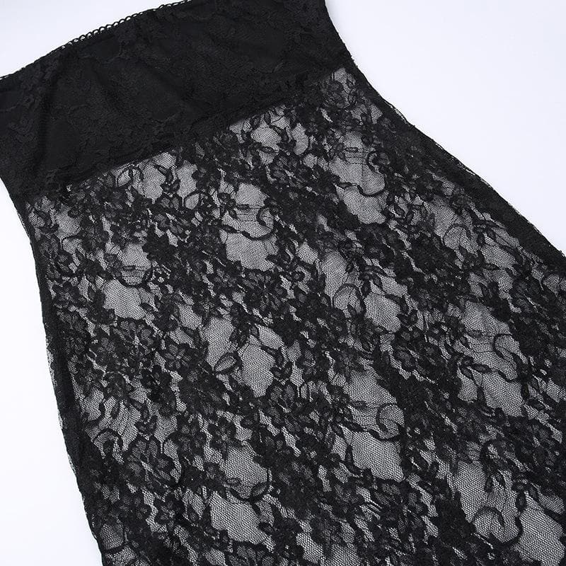 Lace see through solid slit backless tube dress
