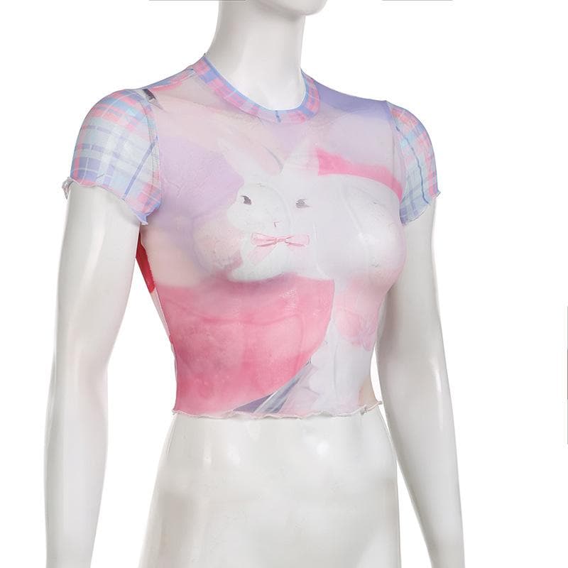 Short sleeve plaid sheer mesh see through rabbit pattern ruffle top