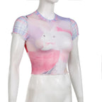 Short sleeve plaid sheer mesh see through rabbit pattern ruffle top