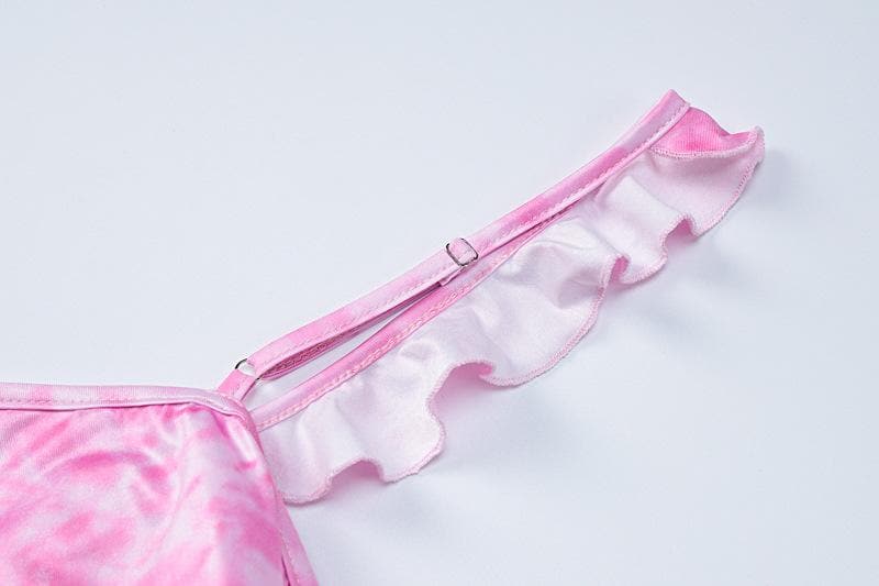 Ruffle tie dye slit backless ruched contrast crop top
