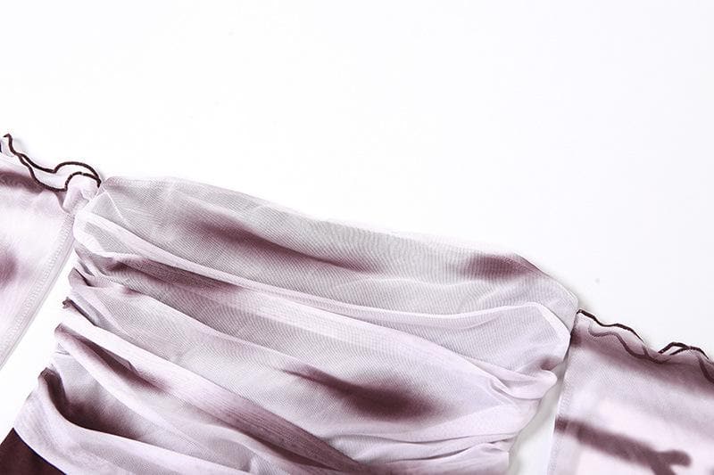 Top a maniche lunghe con volant e spalle scoperte in rete tie-dye arricciato 