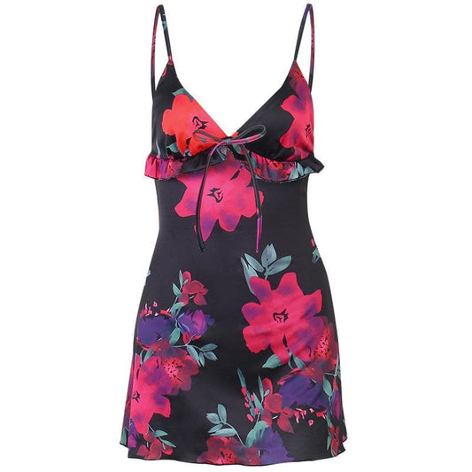 Rückenfreies Camisole-Minikleid mit Rüschen und Blumenmuster in Kontrastfarbe und V-Ausschnitt