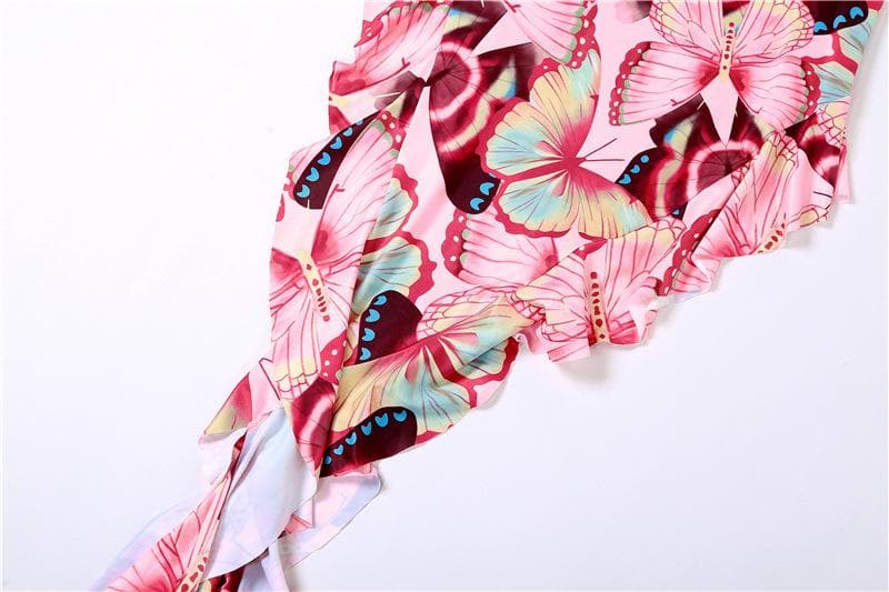 Rückenfreies Maxi-Tube-Kleid mit Schmetterlings-Print und kontrastierenden unregelmäßigen Rüschen 