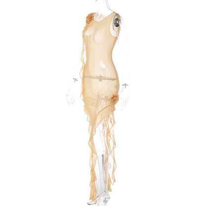 Ärmelloses Midikleid aus transparentem Netzstoff mit Rüschen und Blumenapplikation