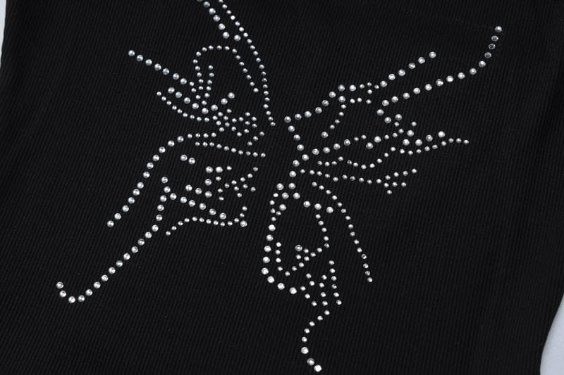 Beaded halter u neck ribbed backless crop top
