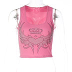 Beaded contrast abstract print u neck sleeveless ribbed crop top