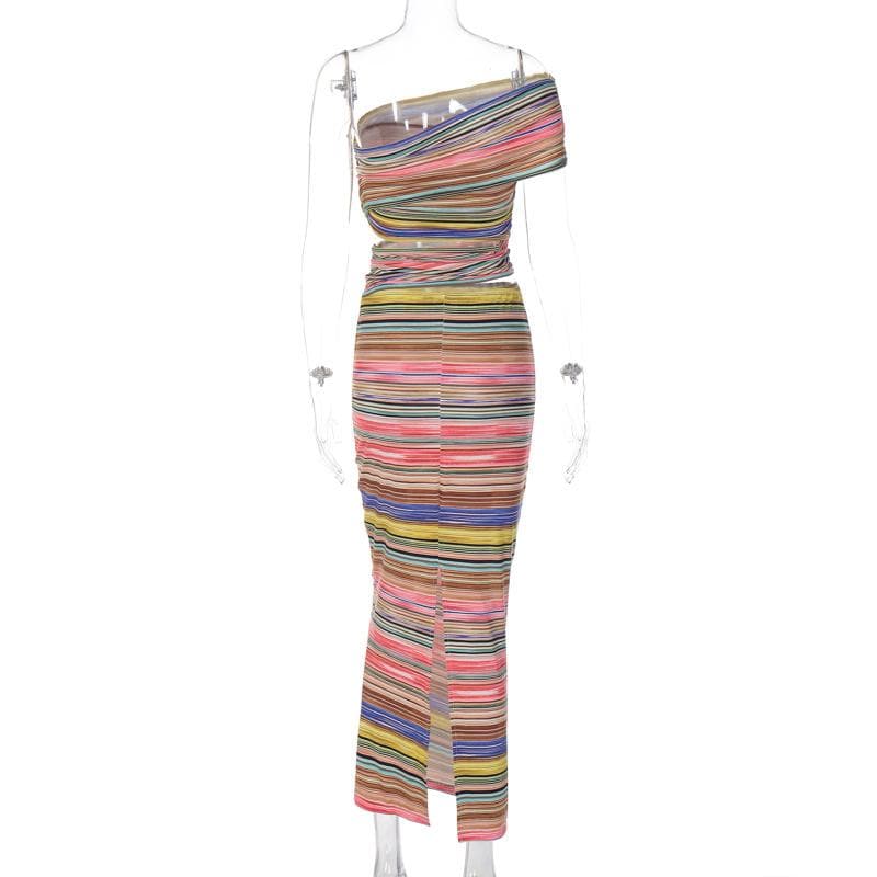 One shoulder contrast striped hollow out slit maxi dress