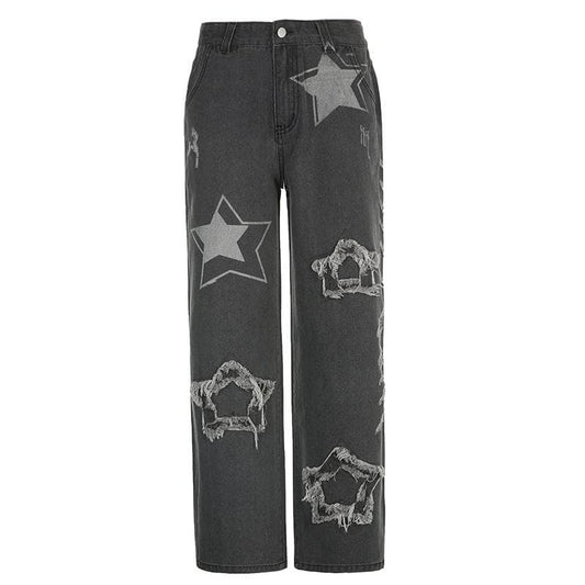 Patchwork raw hem star pattern zip-up pocket straight leg - Final Sale